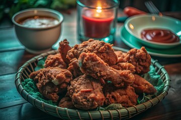Crispy Fried chicken in a white plate with sauce and tomatoes on wood table background.