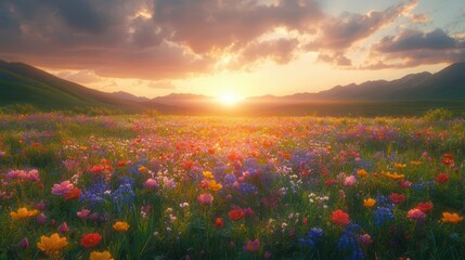 Fototapeta premium Colorful Wildflower Meadow At Sunrise In The Mountains
