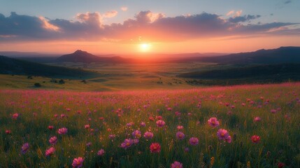 Scenic Pink Wildflower Field With Sunrise Over Hills