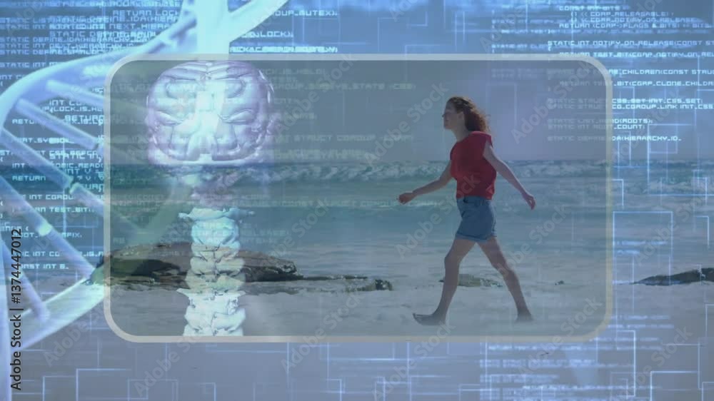 Poster dna strand and binary coding animation over person walking on beach