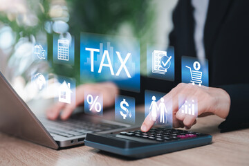Tax government management,Tax Payment, Deductions concept, Businesswomen calculating tax payments online Individual income tax return online, Deduction data document, Home Loan, Taking care of parents