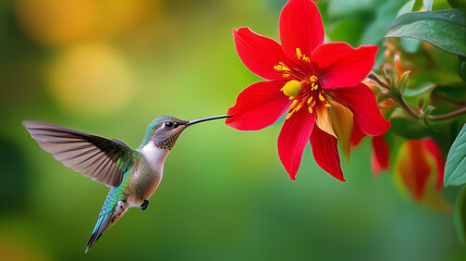 Fototapeta premium Beautiful hummingbird hovering near a red flower, macro photography, photorealistic landscapes, colorful Möbius strips, vibrant and dreamlike. Ai generated