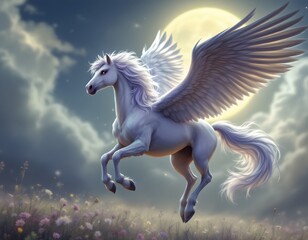 Flying Horse Creature with Wings Against a Full Moon in a Cloudy Sky