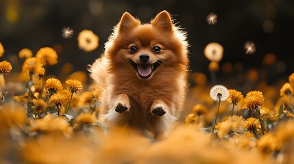 Obraz premium Happy Pomeranian dog leaps through dandelion field