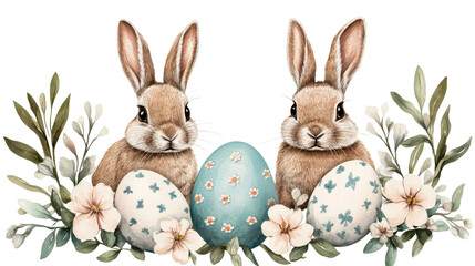 Obraz premium Watercolor bunnies with decorated Easter eggs and flowers, cut out transparent