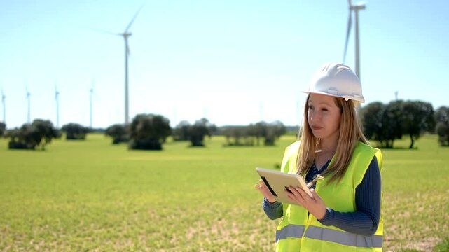 Female engineer using tablet in wind turbine field