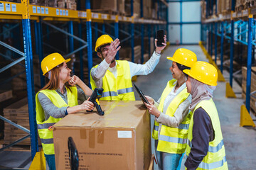 Warehouse Team Collaborating on Inventory Checking and Logistics Planning