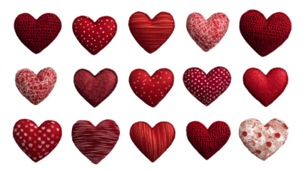 Assorted red hearts isolated on black, various patterns, romantic, cut out transparent
