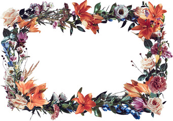 Vintage Floral Frame with Colorful Garden Flowers