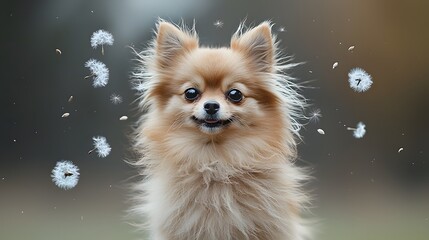 Obraz premium Happy Pomeranian dog outdoors, dandelion seeds