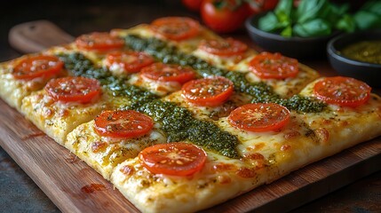 Tomato Pesto Flatbread on Wooden Cutting Board
