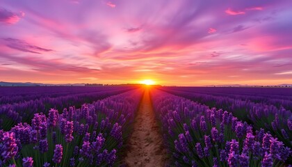 Fototapeta premium Lavender Field at Colorful Sunset Beautiful Floral Aroma Landscape Scenery