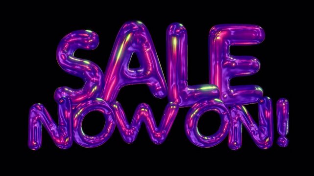 A shimmering 3D reflective sale now on caption in an iridescent bubble typeface style, with embedded alpha for easy drag and drop overlay.