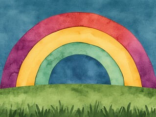 Vibrant Watercolor Rainbow over Lush Green Grass Landscape Illustration