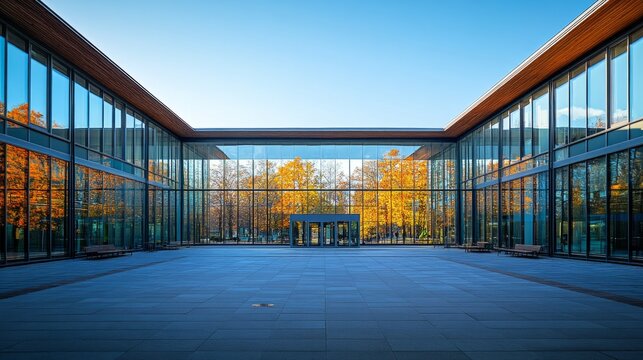 An empty courtyard in front of a modern university building, with a glass fasade reflecting the cloudless sky and surrounding trees