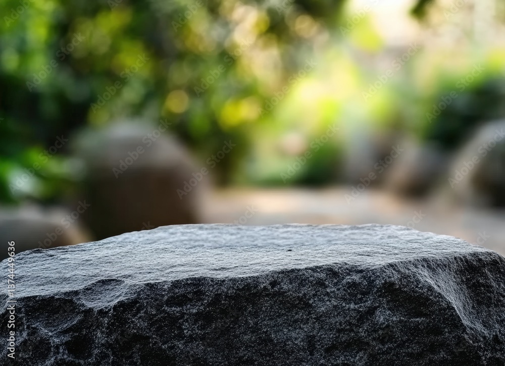 Poster empty granite rock displaying products with blurred garden background