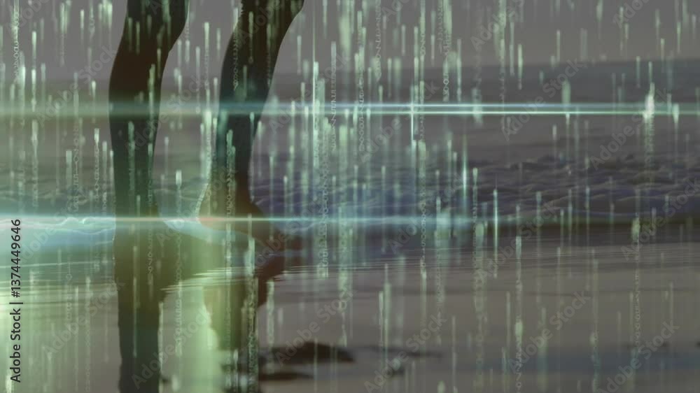Poster person walking on beach with digital data processing animation overlay
