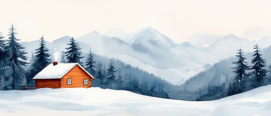 Serene Winter Cabin Scene Snowy Mountains Watercolor Painting Log Cabin in Forest