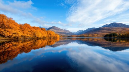 Serene Autumnal Lake Reflection Golden Trees Majestic Mountains Calm Waters