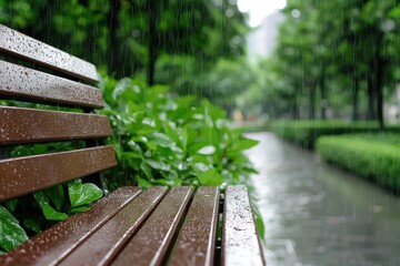 Rainy Day Park Bench Wet Wooden Seat Green Lush Foliage Summer Shower