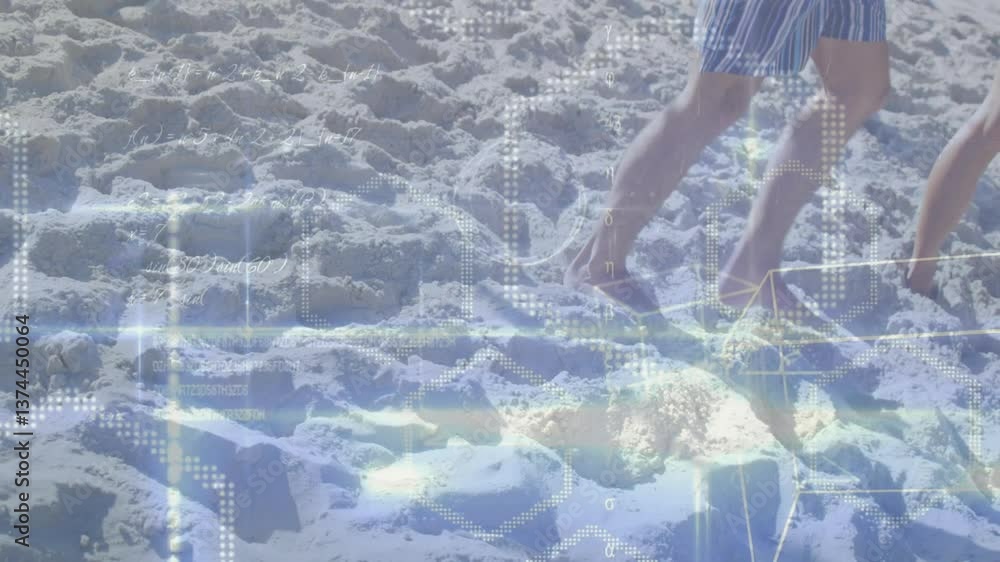 Poster person walking on sandy beach with digital data processing animation overlay