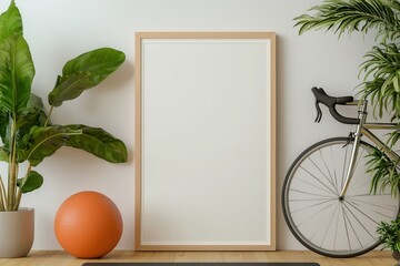 Modern Minimalist Interior Design Mockup Blank Frame Exercise Ball Bicycle Plants