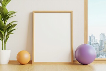 Modern Interior Design Mockup Blank Frame with Plants and Exercise Balls