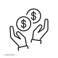 savings icon, save money, hands with dollar coins, thin line symbol on white background - editable stroke vector illustration