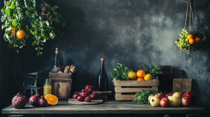 Fresh fruit and vegetable arrangement on rustic table