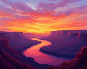 Vibrant Sunset over Canyon River Landscape Artistic Painting Nature Scene
