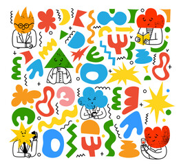 Brutalist abstract geometric shapes and grids. Brutal contemporary figure and other primitive elements for t shirt design, textile print and gifts design.