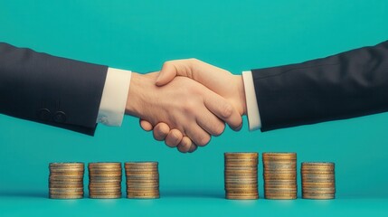 Businessmen shaking hands over stacks of coins financial deal partnership success