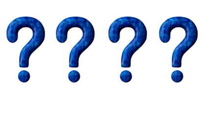 Four blue question marks, inquiries on black background, cut out transparent