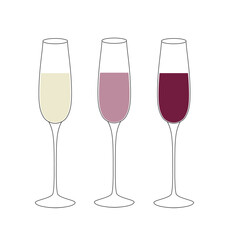 Three tall glasses with different wines, isolated on a white background, graphic vector illustration with a line. Alcoholic drink for bar, menu, decoration, design, flat design