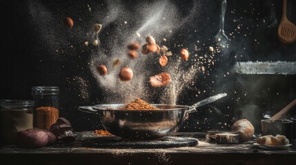 Dramatic food explosion in slow motion with dark background