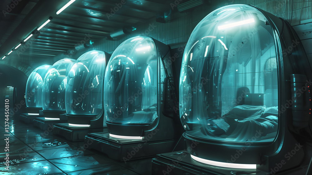 Poster this explore advanced cryogenic chambers for human hibernation and immortality in a high-tech lab.