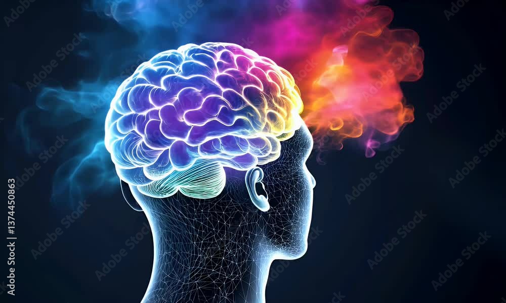 Poster digital profile of human head with glowing brain and colorful particle cloud