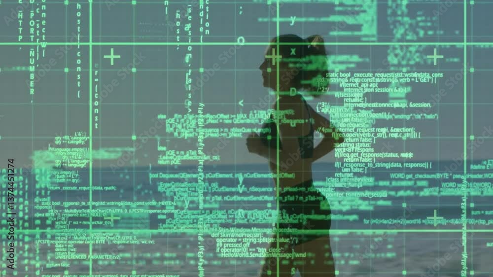 Poster silhouette of person running over digital code and data processing animation