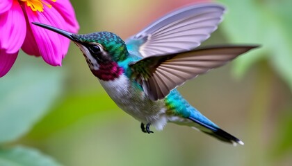 Obraz premium Hummingbird Flying Near Pink Flower for Nectar in Natural Garden Setting