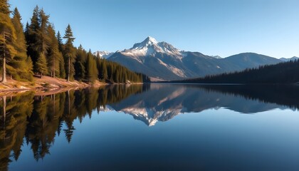 Fototapeta premium Reflecting Mountain Lake with Forest Scenery Under a Clear Sky