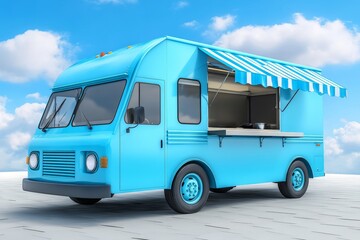 A food truck in pastel blue and turquoise, shown in side view, isolated on white