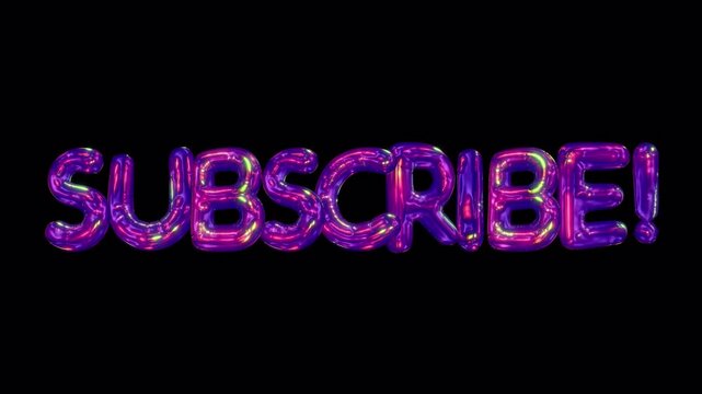 A shimmering 3D reflective subscribe caption in an iridescent bubble typeface style, with embedded alpha for easy drag and drop overlay.