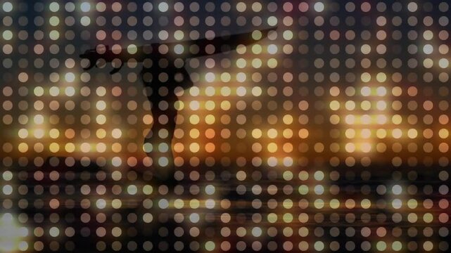 Surfer silhouette riding waves at sunset with colorful dotted pattern backdrop