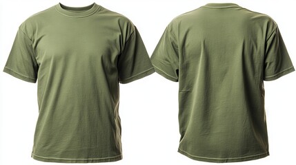 A mockup template of a military green crew neck short sleeve t-shirt, featuring front and back views, isolated on a white background, ideal for apparel design and branding