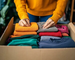 Donate, A person neatly folding colorful sweaters into a box, showcasing organization and care in clothing management.