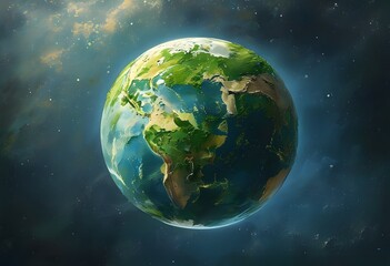 Fototapeta premium Global Perspective: A vibrant and detailed illustration of Earth, showcasing its continents, oceans, and atmospheric wonders against a cosmic backdrop.