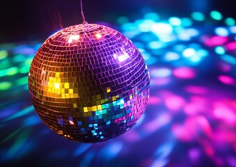 Obraz premium Bright lights light up a nostalgic concert stage, featuring a large glistening mirrored disco ball, vibrant colorful lights, and a stylish retro dance floor