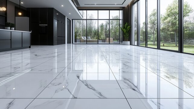 A pristine white tile floor with delicate grout lines and gentle natural light evokes tranquility and contemporary elegance in a minimalist setting