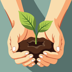Nurturing hands holding a sprouting plant in rich soil  