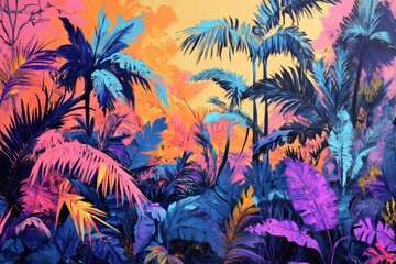 This photo showcases a vibrant painting depicting various tropical plants and trees bringing a burst of color and life to any space .